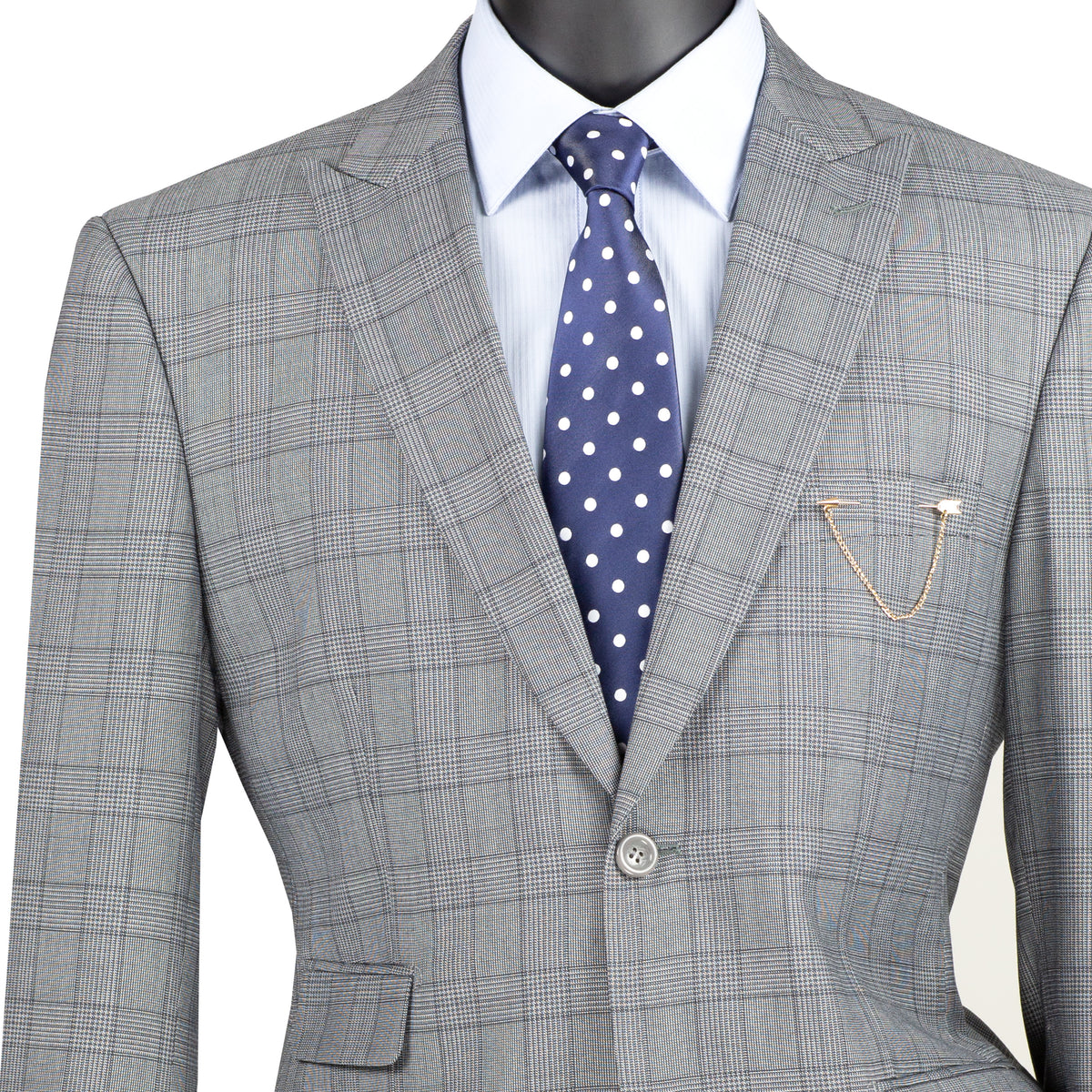 VINCI Men's Medium Gray Glen Plaid 2-Button Modern Fit 2-Piece Business Suit – NEW. Features a bold peak lapel, ticket pocket, and fully lined jacket with flat-front pants and unfinished hems for custom tailoring. A sharp, versatile option for office or social occasions. Available at Fashion House Inc. (FH Menswear, Style #MRW-1)