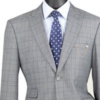 VINCI Men's Medium Gray Glen Plaid 2-Button Modern Fit 2-Piece Business Suit – NEW. Features a bold peak lapel, ticket pocket, and fully lined jacket with flat-front pants and unfinished hems for custom tailoring. A sharp, versatile option for office or social occasions. Available at Fashion House Inc. (FH Menswear, Style #MRW-1)