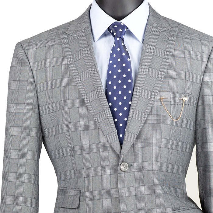 VINCI Men's Medium Gray Glen Plaid 2-Button Modern Fit 2-Piece Business Suit – NEW. Features a bold peak lapel, ticket pocket, and fully lined jacket with flat-front pants and unfinished hems for custom tailoring. A sharp, versatile option for office or social occasions. Available at Fashion House Inc. (FH Menswear, Style #MRW-1)