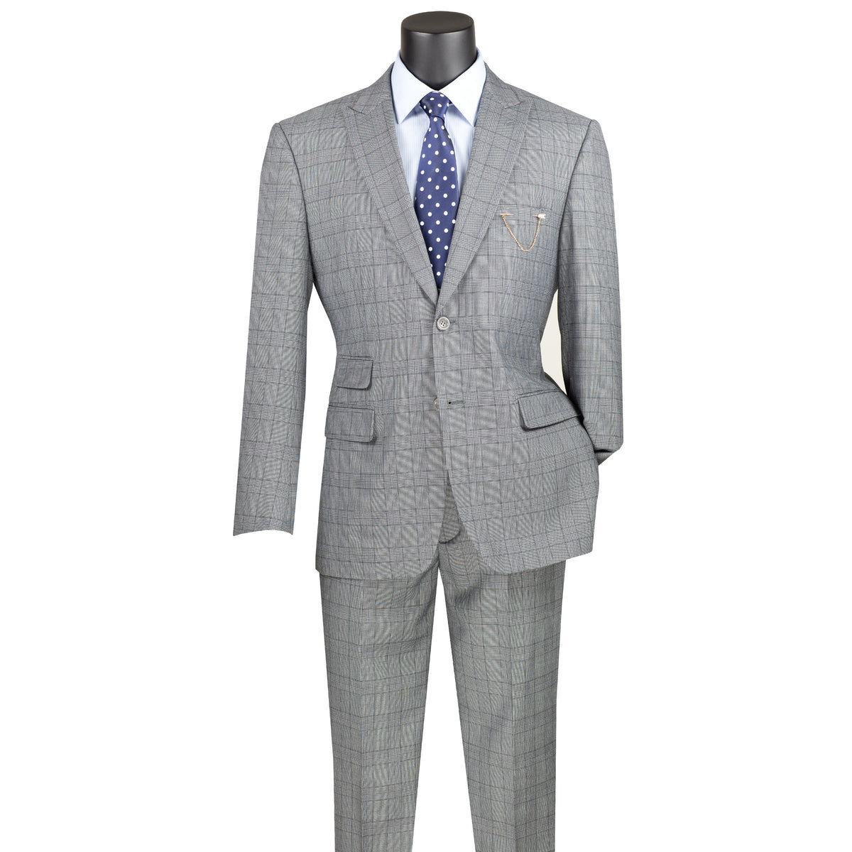 VINCI Men's Medium Gray Glen Plaid 2-Button Modern Fit 2-Piece Business Suit – NEW. Features a bold peak lapel, ticket pocket, and fully lined jacket with flat-front pants and unfinished hems for custom tailoring. A sharp, versatile option for office or social occasions. Available at Fashion House Inc. (FH Menswear, Style #MRW-1)