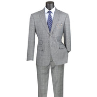 VINCI Men's Medium Gray Glen Plaid 2-Button Modern Fit 2-Piece Business Suit – NEW. Features a bold peak lapel, ticket pocket, and fully lined jacket with flat-front pants and unfinished hems for custom tailoring. A sharp, versatile option for office or social occasions. Available at Fashion House Inc. (FH Menswear, Style #MRW-1)
