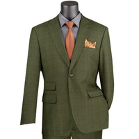 VINCI Men's Olive Green Glen Plaid 2-Button Modern Fit 2-Piece Business Suit – NEW. Features a bold peak lapel, ticket pocket, and fully lined jacket with flat-front pants and unfinished hems for custom tailoring. A sharp, versatile option for office or social occasions. Available at Fashion House Inc. (FH Menswear, Style #MRW-1)