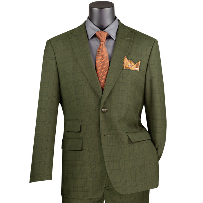 VINCI Men's Olive Green Glen Plaid 2-Button Modern Fit 2-Piece Business Suit – NEW. Features a bold peak lapel, ticket pocket, and fully lined jacket with flat-front pants and unfinished hems for custom tailoring. A sharp, versatile option for office or social occasions. Available at Fashion House Inc. (FH Menswear, Style #MRW-1)