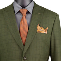 VINCI Men's Olive Green Glen Plaid 2-Button Modern Fit 2-Piece Business Suit – NEW. Features a bold peak lapel, ticket pocket, and fully lined jacket with flat-front pants and unfinished hems for custom tailoring. A sharp, versatile option for office or social occasions. Available at Fashion House Inc. (FH Menswear, Style #MRW-1)