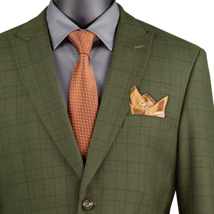 VINCI Men's Olive Green Glen Plaid 2-Button Modern Fit 2-Piece Business Suit – NEW. Features a bold peak lapel, ticket pocket, and fully lined jacket with flat-front pants and unfinished hems for custom tailoring. A sharp, versatile option for office or social occasions. Available at Fashion House Inc. (FH Menswear, Style #MRW-1)