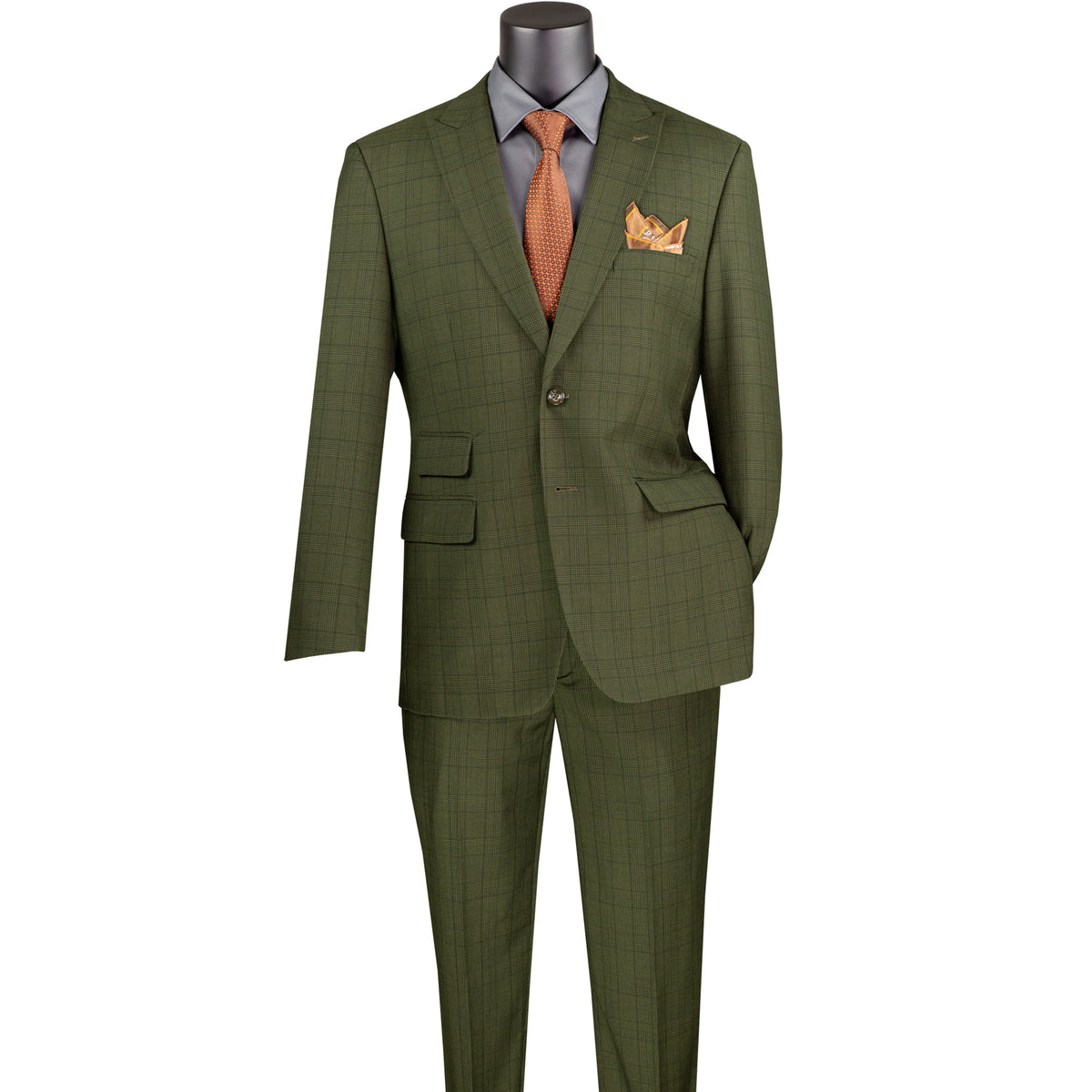 VINCI Men's Olive Green Glen Plaid 2-Button Modern Fit 2-Piece Business Suit – NEW. Features a bold peak lapel, ticket pocket, and fully lined jacket with flat-front pants and unfinished hems for custom tailoring. A sharp, versatile option for office or social occasions. Available at Fashion House Inc. (FH Menswear, Style #MRW-1)