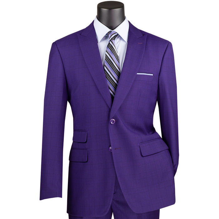 VINCI Men's Purple Green Glen Plaid 2-Button Modern Fit 2-Piece Business Suit – NEW. Features a bold peak lapel, ticket pocket, and fully lined jacket with flat-front pants and unfinished hems for custom tailoring. A sharp, versatile option for office or social occasions. Available at Fashion House Inc. (FH Menswear, Style #MRW-1)