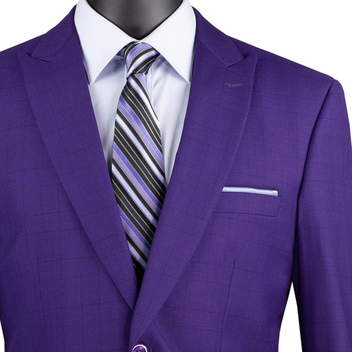 VINCI Men's Purple Green Glen Plaid 2-Button Modern Fit 2-Piece Business Suit – NEW. Features a bold peak lapel, ticket pocket, and fully lined jacket with flat-front pants and unfinished hems for custom tailoring. A sharp, versatile option for office or social occasions. Available at Fashion House Inc. (FH Menswear, Style #MRW-1)