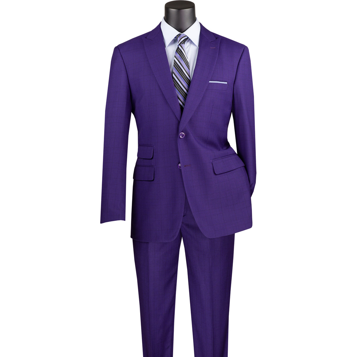VINCI Men's Purple Green Glen Plaid 2-Button Modern Fit 2-Piece Business Suit – NEW. Features a bold peak lapel, ticket pocket, and fully lined jacket with flat-front pants and unfinished hems for custom tailoring. A sharp, versatile option for office or social occasions. Available at Fashion House Inc. (FH Menswear, Style #MRW-1)