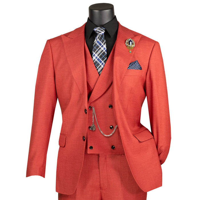 VINCI Men's Brick Red Textured 3pc Modern Fit Suit with Adjustable Waist - NEW. Contemporary style with a bold peak lapel jacket, flat-front pants for custom tailoring, and unique textured weave. Perfect for professional and social occasions. Available at Fashion House Inc. (FH Menswear)