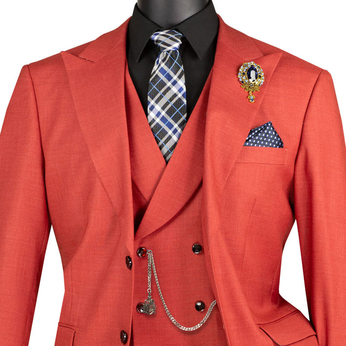 VINCI Men's Brick Red Textured 3pc Modern Fit Suit with Adjustable Waist - NEW. Contemporary style with a bold peak lapel jacket, flat-front pants for custom tailoring, and unique textured weave. Perfect for professional and social occasions. Available at Fashion House Inc. (FH Menswear)