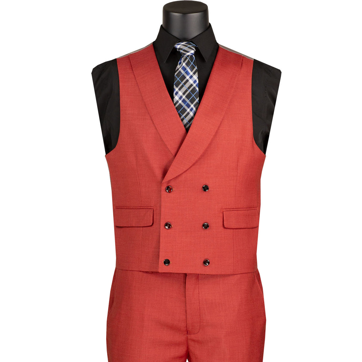 VINCI Men's Brick Red Textured 3pc Modern Fit Suit with Adjustable Waist - NEW. Contemporary style with a bold peak lapel jacket, flat-front pants for custom tailoring, and unique textured weave. Perfect for professional and social occasions. Available at Fashion House Inc. (FH Menswear)