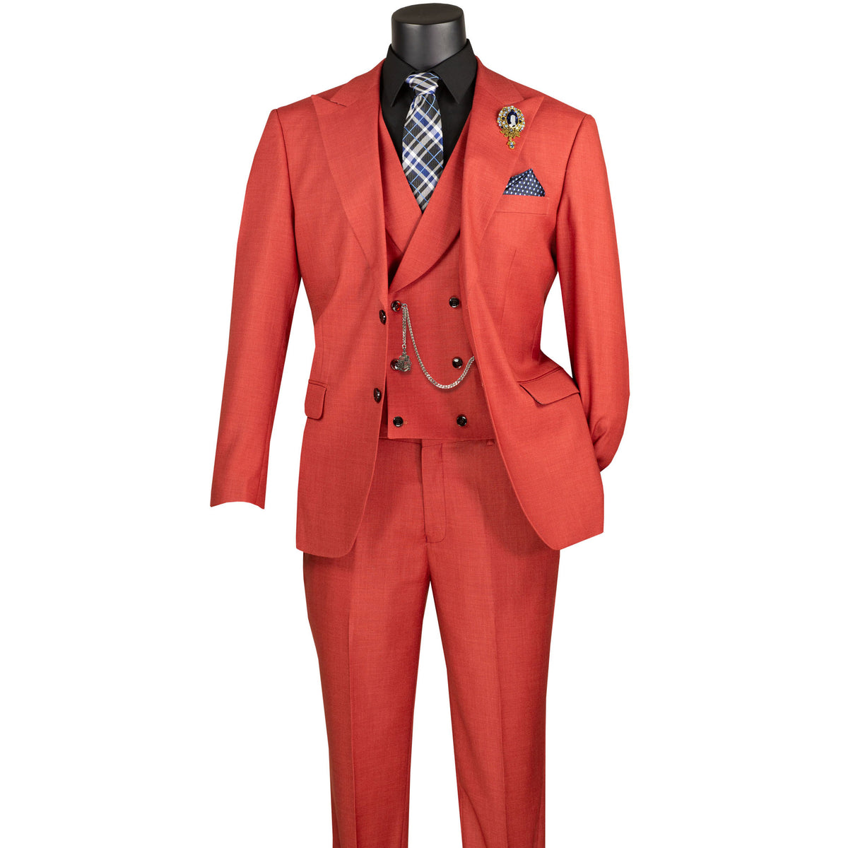 VINCI Men's Brick Red Textured 3pc Modern Fit Suit with Adjustable Waist - NEW. Contemporary style with a bold peak lapel jacket, flat-front pants for custom tailoring, and unique textured weave. Perfect for professional and social occasions. Available at Fashion House Inc. (FH Menswear)