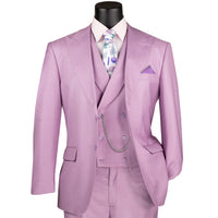 VINCI Men's Lavender Textured 3pc Modern Fit Suit with Adjustable Waist - NEW. Contemporary style with a bold peak lapel jacket, flat-front pants for custom tailoring, and unique textured weave. Perfect for professional and social occasions. Available at Fashion House Inc. (FH Menswear)