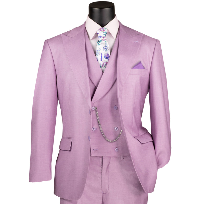 VINCI Men's Lavender Textured 3pc Modern Fit Suit with Adjustable Waist - NEW. Contemporary style with a bold peak lapel jacket, flat-front pants for custom tailoring, and unique textured weave. Perfect for professional and social occasions. Available at Fashion House Inc. (FH Menswear)