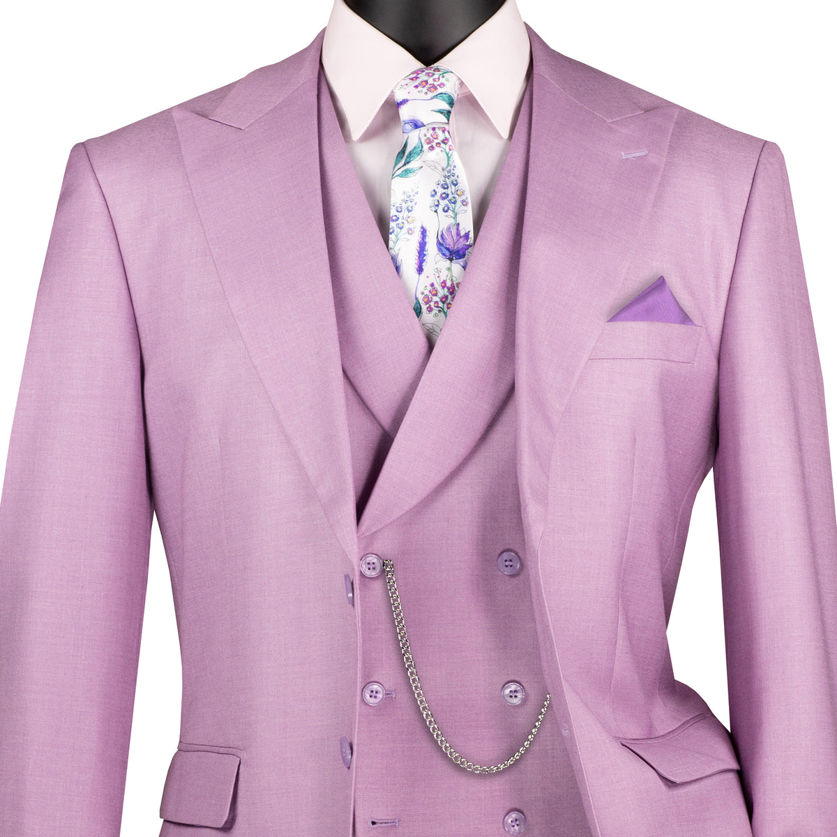 VINCI Men's Lavender Textured 3pc Modern Fit Suit with Adjustable Waist - NEW. Contemporary style with a bold peak lapel jacket, flat-front pants for custom tailoring, and unique textured weave. Perfect for professional and social occasions. Available at Fashion House Inc. (FH Menswear)