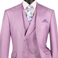 VINCI Men's Lavender Textured 3pc Modern Fit Suit with Adjustable Waist - NEW. Contemporary style with a bold peak lapel jacket, flat-front pants for custom tailoring, and unique textured weave. Perfect for professional and social occasions. Available at Fashion House Inc. (FH Menswear)