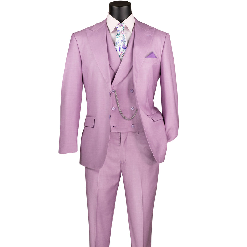 VINCI Men's Lavender Textured 3pc Modern Fit Suit with Adjustable Waist - NEW. Contemporary style with a bold peak lapel jacket, flat-front pants for custom tailoring, and unique textured weave. Perfect for professional and social occasions. Available at Fashion House Inc. (FH Menswear)