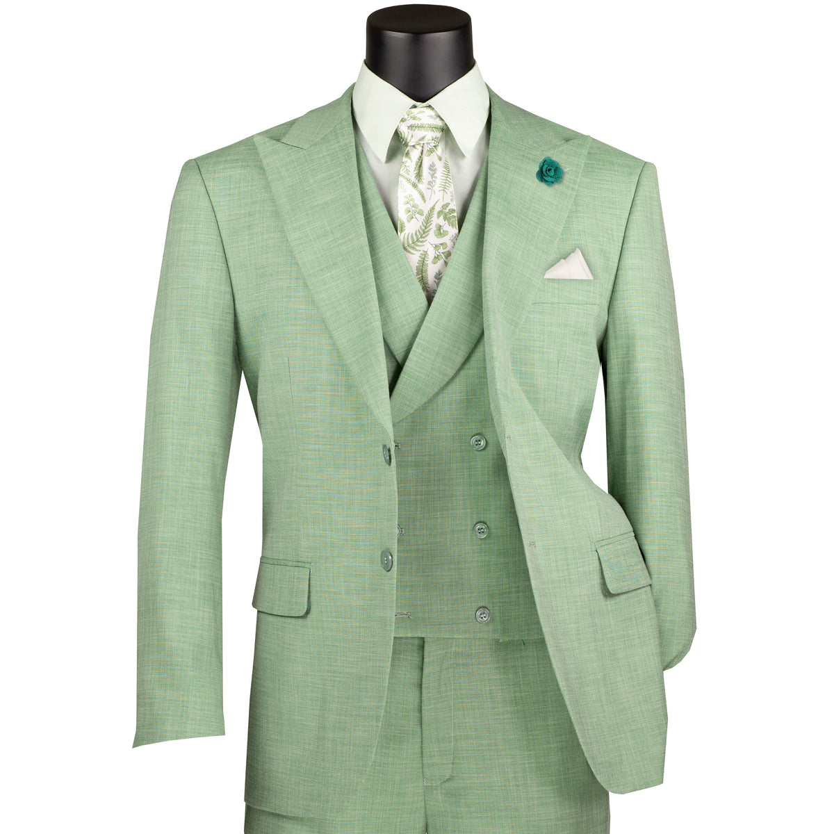 VINCI Men's Light Green Textured 3pc Modern Fit Suit with Adjustable Waist - NEW. Contemporary style with a bold peak lapel jacket, flat-front pants for custom tailoring, and unique textured weave. Perfect for professional and social occasions. Available at Fashion House Inc. (FH Menswear)