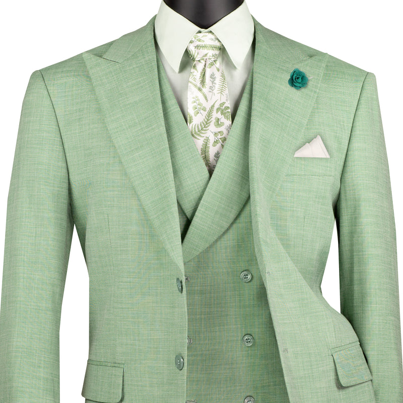 VINCI Men's Light Green Textured 3pc Modern Fit Suit with Adjustable Waist - NEW. Contemporary style with a bold peak lapel jacket, flat-front pants for custom tailoring, and unique textured weave. Perfect for professional and social occasions. Available at Fashion House Inc. (FH Menswear)