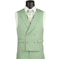 VINCI Men's Light Green Textured 3pc Modern Fit Suit with Adjustable Waist - NEW. Contemporary style with a bold peak lapel jacket, flat-front pants for custom tailoring, and unique textured weave. Perfect for professional and social occasions. Available at Fashion House Inc. (FH Menswear)