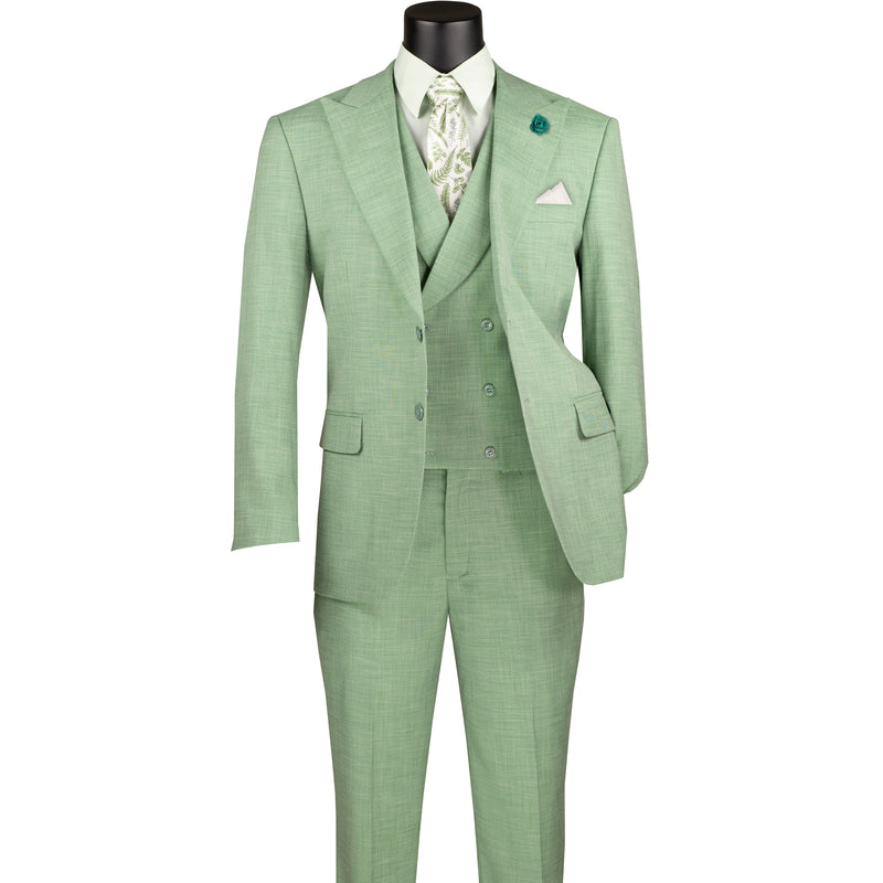 VINCI Men's Light Green Textured 3pc Modern Fit Suit with Adjustable Waist - NEW. Contemporary style with a bold peak lapel jacket, flat-front pants for custom tailoring, and unique textured weave. Perfect for professional and social occasions. Available at Fashion House Inc. (FH Menswear)