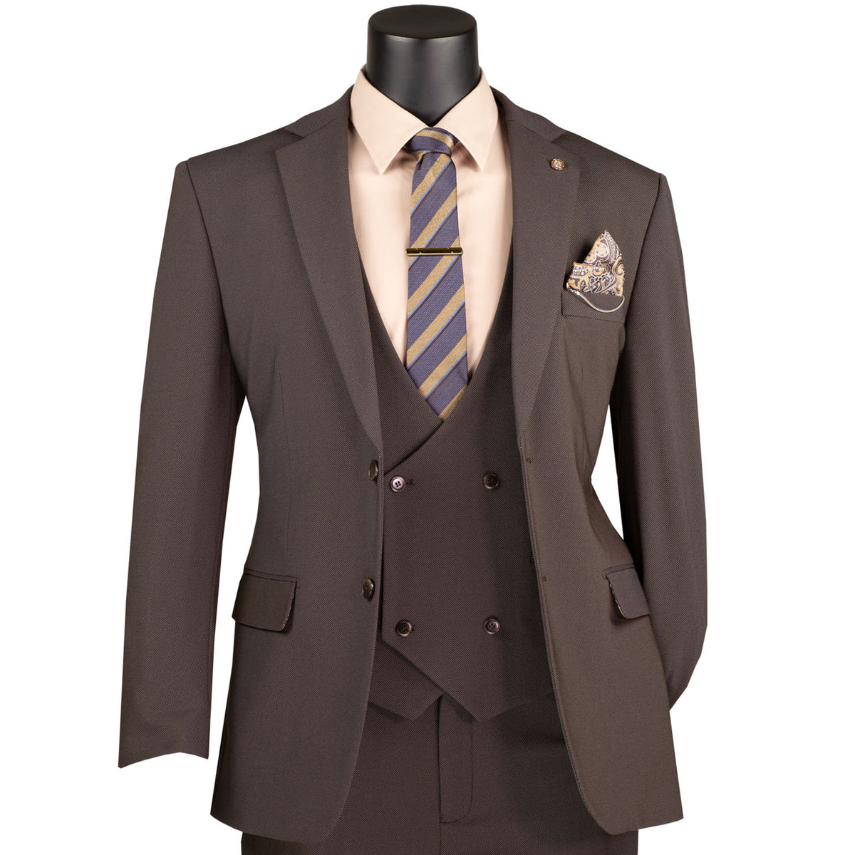 VINCI Men's Brown 3pc Super Stretch Modern Fit Suit with Adjustable Waist – Machine Washable – NEW. Features a sleek notch lapel jacket, flat-front pants, and flexible, washable fabric. Ideal for versatile, everyday elegance. Available at Fashion House Inc. (FH Menswear)