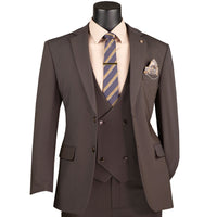 VINCI Men's Brown 3pc Super Stretch Modern Fit Suit with Adjustable Waist – Machine Washable – NEW. Features a sleek notch lapel jacket, flat-front pants, and flexible, washable fabric. Ideal for versatile, everyday elegance. Available at Fashion House Inc. (FH Menswear)