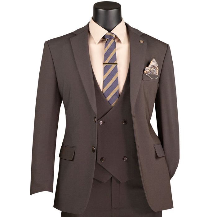 VINCI Men's Brown 3pc Super Stretch Modern Fit Suit with Adjustable Waist – Machine Washable – NEW. Features a sleek notch lapel jacket, flat-front pants, and flexible, washable fabric. Ideal for versatile, everyday elegance. Available at Fashion House Inc. (FH Menswear)