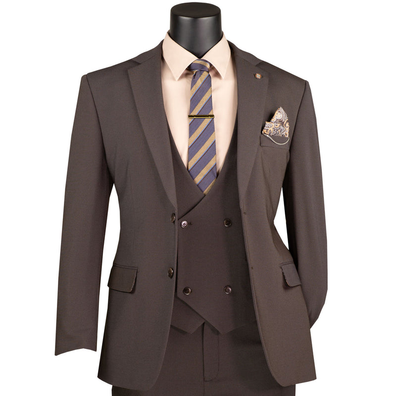 VINCI Men's Brown 3pc Super Stretch Modern Fit Suit with Adjustable Waist – Machine Washable – NEW. Features a sleek notch lapel jacket, flat-front pants, and flexible, washable fabric. Ideal for versatile, everyday elegance. Available at Fashion House Inc. (FH Menswear)
