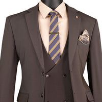 VINCI Men's Brown 3pc Super Stretch Modern Fit Suit with Adjustable Waist – Machine Washable – NEW. Features a sleek notch lapel jacket, flat-front pants, and flexible, washable fabric. Ideal for versatile, everyday elegance. Available at Fashion House Inc. (FH Menswear)
