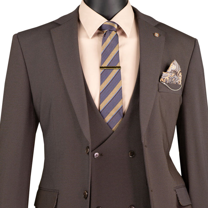 VINCI Men's Brown 3pc Super Stretch Modern Fit Suit with Adjustable Waist – Machine Washable – NEW. Features a sleek notch lapel jacket, flat-front pants, and flexible, washable fabric. Ideal for versatile, everyday elegance. Available at Fashion House Inc. (FH Menswear)