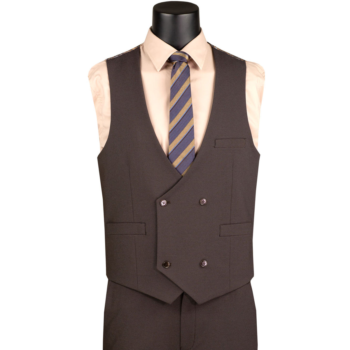 VINCI Men's Brown 3pc Super Stretch Modern Fit Suit with Adjustable Waist – Machine Washable – NEW. Features a sleek notch lapel jacket, flat-front pants, and flexible, washable fabric. Ideal for versatile, everyday elegance. Available at Fashion House Inc. (FH Menswear)
