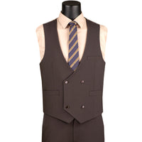 VINCI Men's Brown 3pc Super Stretch Modern Fit Suit with Adjustable Waist – Machine Washable – NEW. Features a sleek notch lapel jacket, flat-front pants, and flexible, washable fabric. Ideal for versatile, everyday elegance. Available at Fashion House Inc. (FH Menswear)