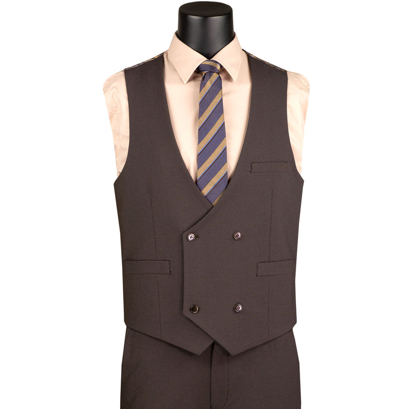 VINCI Men's Brown 3pc Super Stretch Modern Fit Suit with Adjustable Waist – Machine Washable – NEW. Features a sleek notch lapel jacket, flat-front pants, and flexible, washable fabric. Ideal for versatile, everyday elegance. Available at Fashion House Inc. (FH Menswear)