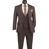 VINCI Men's Brown 3pc Super Stretch Modern Fit Suit with Adjustable Waist – Machine Washable – NEW. Features a sleek notch lapel jacket, flat-front pants, and flexible, washable fabric. Ideal for versatile, everyday elegance. Available at Fashion House Inc. (FH Menswear)