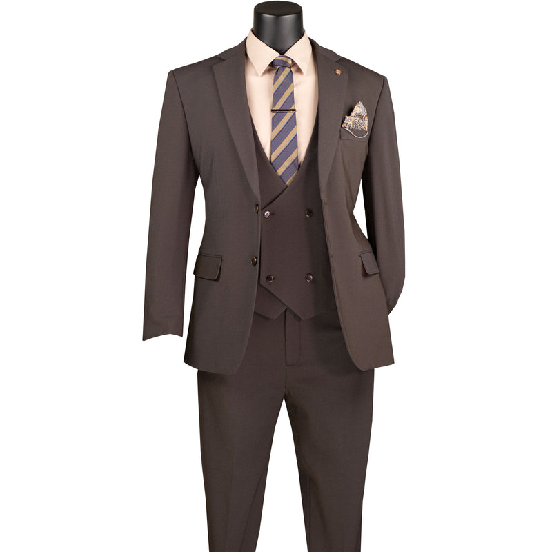 VINCI Men's Brown 3pc Super Stretch Modern Fit Suit with Adjustable Waist – Machine Washable – NEW. Features a sleek notch lapel jacket, flat-front pants, and flexible, washable fabric. Ideal for versatile, everyday elegance. Available at Fashion House Inc. (FH Menswear)
