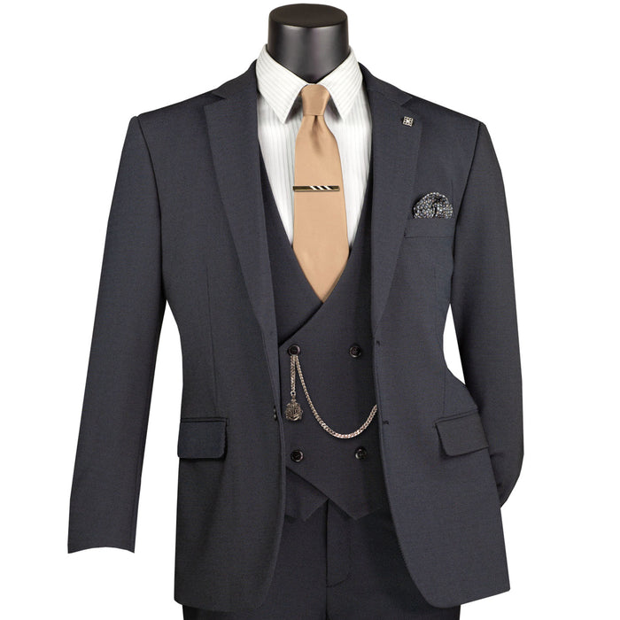 VINCI Men's Charcoal Black 3pc Super Stretch Modern Fit Suit with Adjustable Waist – Machine Washable – NEW. Features a sleek notch lapel jacket, flat-front pants, and flexible, washable fabric. Ideal for versatile, everyday elegance. Available at Fashion House Inc. (FH Menswear)