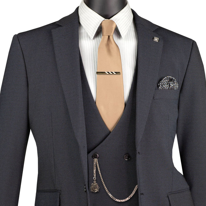 VINCI Men's Charcoal Black 3pc Super Stretch Modern Fit Suit with Adjustable Waist – Machine Washable – NEW. Features a sleek notch lapel jacket, flat-front pants, and flexible, washable fabric. Ideal for versatile, everyday elegance. Available at Fashion House Inc. (FH Menswear)