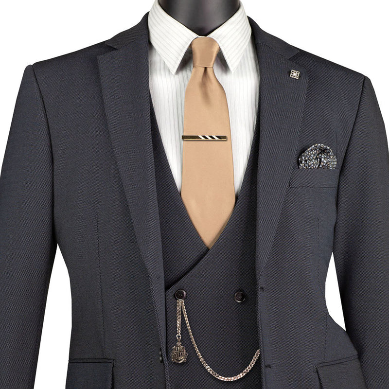 VINCI Men's Charcoal Black 3pc Super Stretch Modern Fit Suit with Adjustable Waist – Machine Washable – NEW. Features a sleek notch lapel jacket, flat-front pants, and flexible, washable fabric. Ideal for versatile, everyday elegance. Available at Fashion House Inc. (FH Menswear)