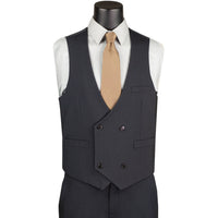 VINCI Men's Charcoal Black 3pc Super Stretch Modern Fit Suit with Adjustable Waist – Machine Washable – NEW. Features a sleek notch lapel jacket, flat-front pants, and flexible, washable fabric. Ideal for versatile, everyday elegance. Available at Fashion House Inc. (FH Menswear)