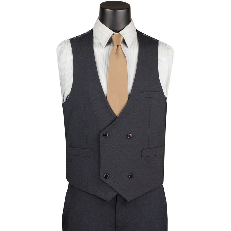 VINCI Men's Charcoal Black 3pc Super Stretch Modern Fit Suit with Adjustable Waist – Machine Washable – NEW. Features a sleek notch lapel jacket, flat-front pants, and flexible, washable fabric. Ideal for versatile, everyday elegance. Available at Fashion House Inc. (FH Menswear)