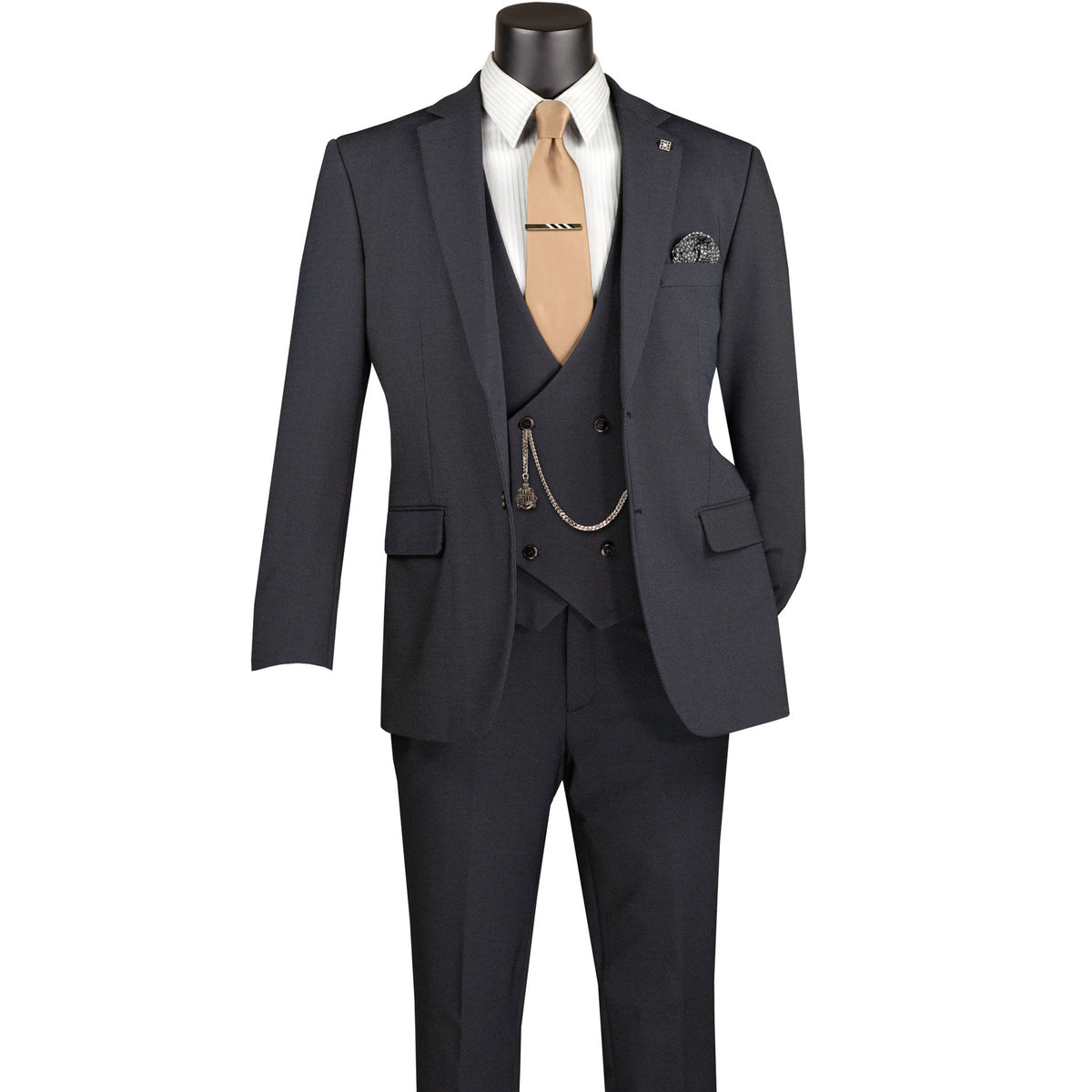 VINCI Men's Charcoal Black 3pc Super Stretch Modern Fit Suit with Adjustable Waist – Machine Washable – NEW. Features a sleek notch lapel jacket, flat-front pants, and flexible, washable fabric. Ideal for versatile, everyday elegance. Available at Fashion House Inc. (FH Menswear)
