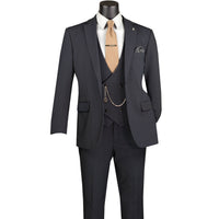 VINCI Men's Charcoal Black 3pc Super Stretch Modern Fit Suit with Adjustable Waist – Machine Washable – NEW. Features a sleek notch lapel jacket, flat-front pants, and flexible, washable fabric. Ideal for versatile, everyday elegance. Available at Fashion House Inc. (FH Menswear)