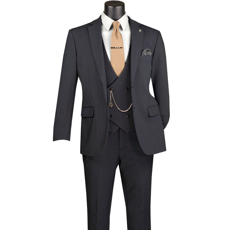 VINCI Men's Charcoal Black 3pc Super Stretch Modern Fit Suit with Adjustable Waist – Machine Washable – NEW. Features a sleek notch lapel jacket, flat-front pants, and flexible, washable fabric. Ideal for versatile, everyday elegance. Available at Fashion House Inc. (FH Menswear)