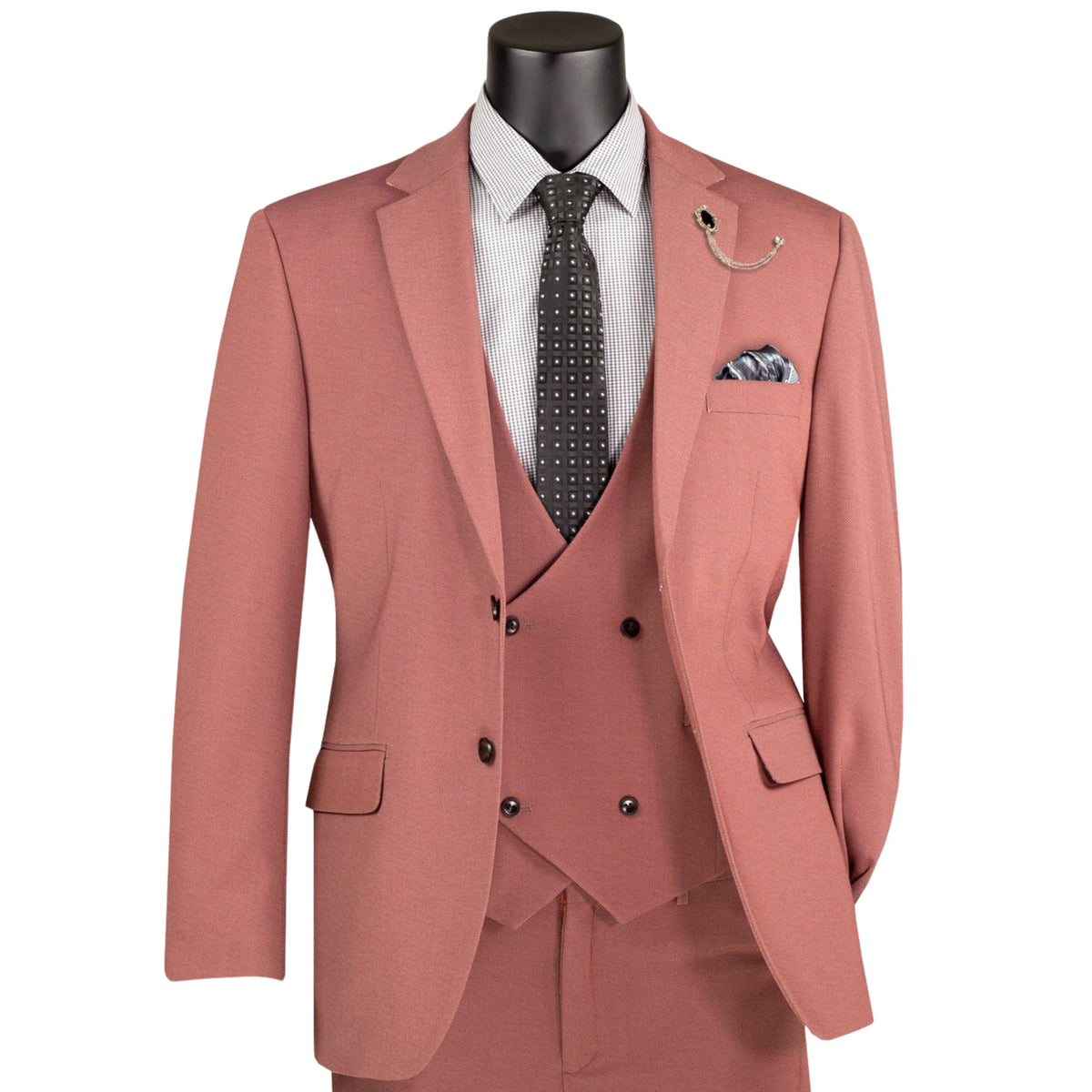 VINCI Men's Cider Brown Rust 3 Piece Super Stretch Modern Fit Suit with Adjustable Flexible Waistband – Machine Washable – NEW. Features a sleek notch lapel jacket, flat front pants, and flexible, washable fabric. Ideal for versatile, everyday elegance. Available at Fashion House Inc. (FH Menswear, Style #MV2K-3)