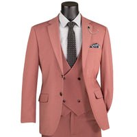 VINCI Men's Cider Brown Rust 3 Piece Super Stretch Modern Fit Suit with Adjustable Flexible Waistband – Machine Washable – NEW. Features a sleek notch lapel jacket, flat front pants, and flexible, washable fabric. Ideal for versatile, everyday elegance. Available at Fashion House Inc. (FH Menswear, Style #MV2K-3)