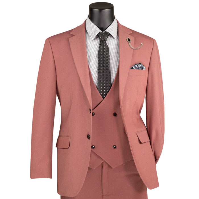 VINCI Men's Cider Brown Rust 3 Piece Super Stretch Modern Fit Suit with Adjustable Flexible Waistband – Machine Washable – NEW. Features a sleek notch lapel jacket, flat front pants, and flexible, washable fabric. Ideal for versatile, everyday elegance. Available at Fashion House Inc. (FH Menswear, Style #MV2K-3)