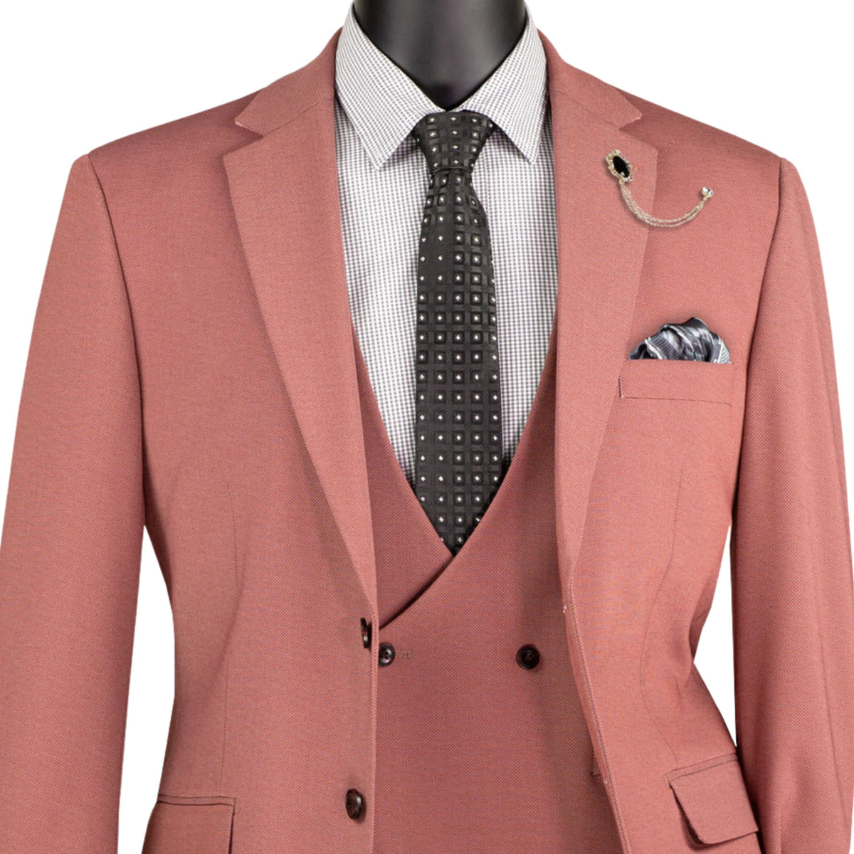 VINCI Men's Cider Brown Rust 3 Piece Super Stretch Modern Fit Suit with Adjustable Flexible Waistband – Machine Washable – NEW. Features a sleek notch lapel jacket, flat front pants, and flexible, washable fabric. Ideal for versatile, everyday elegance. Available at Fashion House Inc. (FH Menswear, Style #MV2K-3)