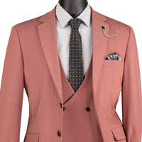 VINCI Men's Cider Brown Rust 3 Piece Super Stretch Modern Fit Suit with Adjustable Flexible Waistband – Machine Washable – NEW. Features a sleek notch lapel jacket, flat front pants, and flexible, washable fabric. Ideal for versatile, everyday elegance. Available at Fashion House Inc. (FH Menswear, Style #MV2K-3)